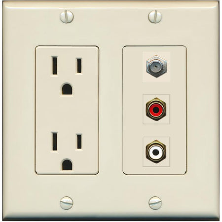 RiteAV 1 Port Coax Cable TV Wall Plate with 2 x RCA (Red+White) Jacks - Outlet [Light-Almond]