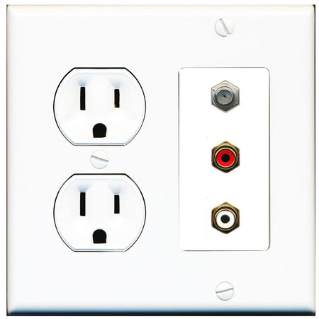 RiteAV 1 Port Coax Cable TV Wall Plate with 2 x RCA (Red+White) Jacks - Round Outlet [White]