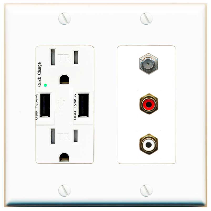 RiteAV 1 Port Coax Cable TV Wall Plate with 2 x RCA (Red+White) Jacks - USB Charger [White]