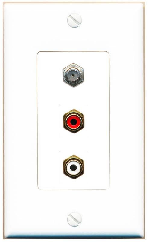 RiteAV 1 Port Coax Cable TV Wall Plate with 2 x RCA (Red+White) Jacks - 1 Gang [White]