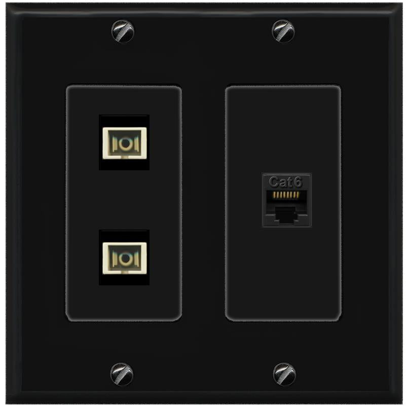 RiteAV 2 Port SC Multimode Simplex 1 Cat6 Jack Wall Plate - 2 Gang [Black/Black]