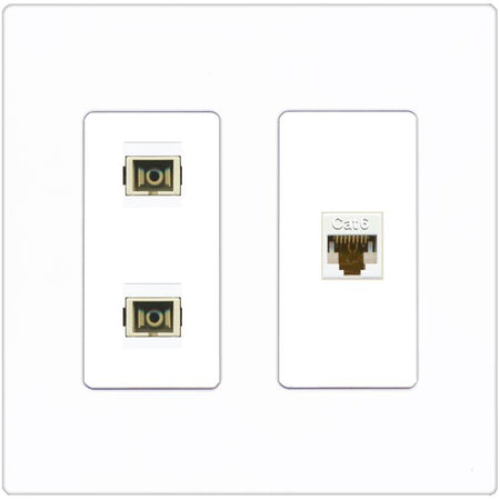 RiteAV 2 Port SC Multimode Simplex 1 Cat6 Jack Wall Plate - 2 Gang [Screwless White]