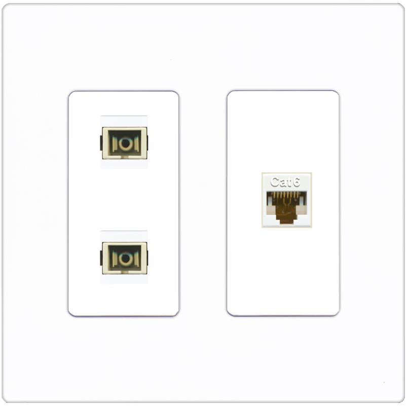 RiteAV 2 Port SC Multimode Simplex 1 Cat6 Jack Wall Plate - 2 Gang [Screwless White]