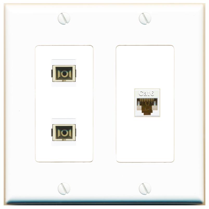 RiteAV 2 Port SC Multimode Simplex 1 Cat6 Jack Wall Plate - 2 Gang [White]