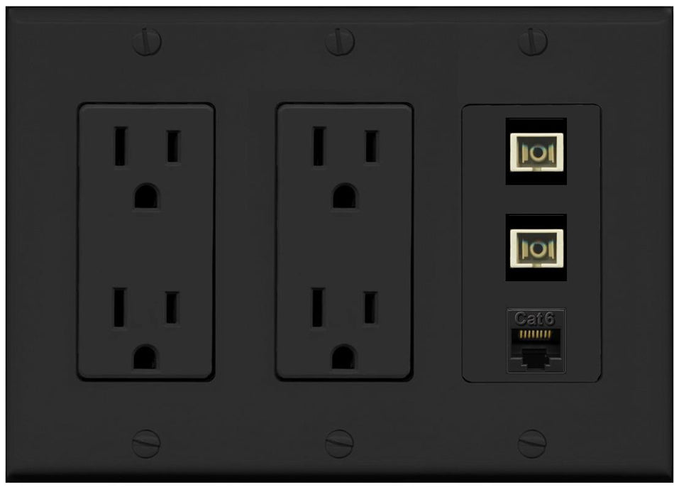 RiteAV 2 Port SC Multimode Simplex 1 Cat6 Jack Wall Plate - 2 Outlet [Black/Black]