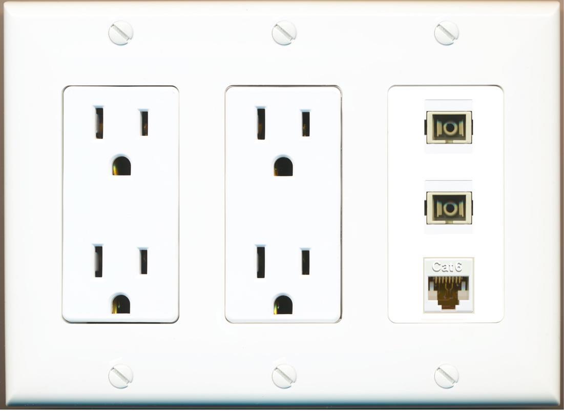 RiteAV 2 Port SC Multimode Simplex 1 Cat6 Jack Wall Plate - 2 Outlet [White]