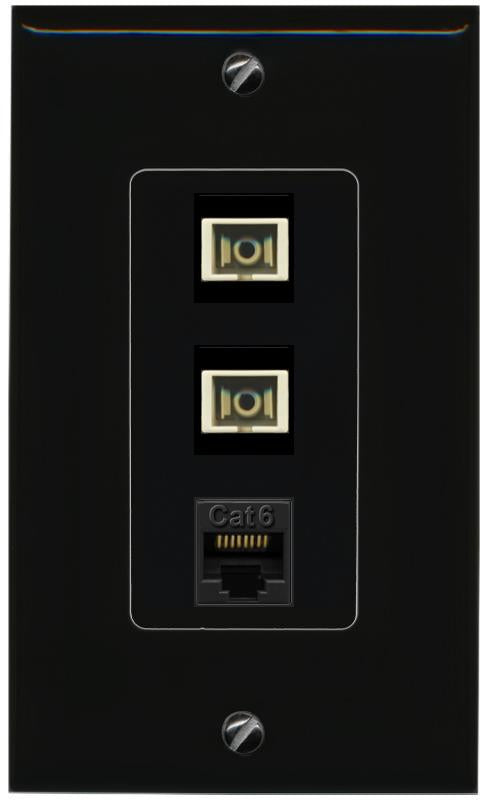 RiteAV 2 Port SC Multimode Simplex 1 Cat6 Jack Wall Plate - 1 Gang [Black/Black]