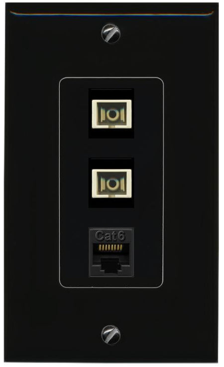 RiteAV 2 Port SC Multimode Simplex 1 Cat6 Jack Wall Plate - 1 Gang [Black/Black]
