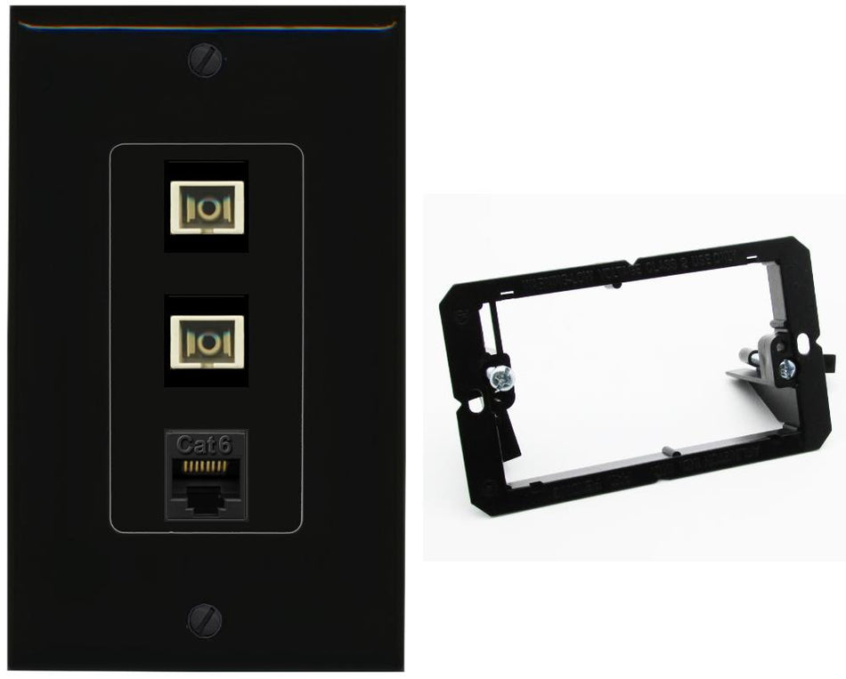 RiteAV 2 Port SC Multimode Simplex 1 Cat6 Jack Wall Plate - Bracket [Black/Black]