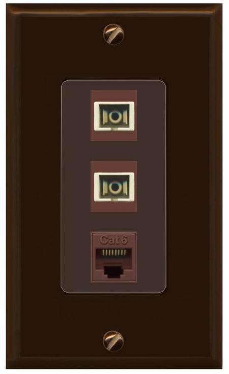 RiteAV 2 Port SC Multimode Simplex 1 Cat6 Jack Wall Plate - 1 Gang [Brown/Brown]