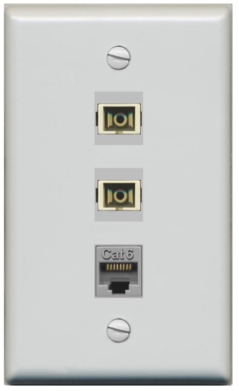 RiteAV 2 Port SC Multimode Simplex 1 Cat6 Jack Wall Plate - Flat [Gray/Gray]