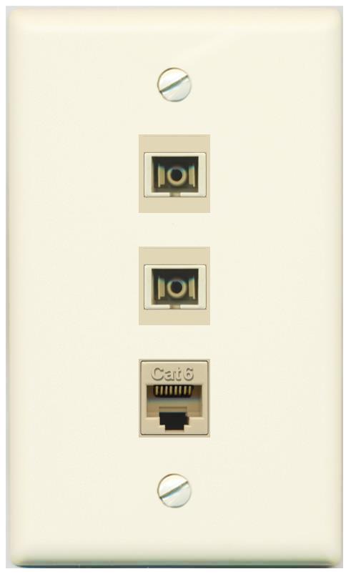 RiteAV 2 Port SC Multimode Simplex 1 Cat6 Jack Wall Plate - Flat [Light-Almond]