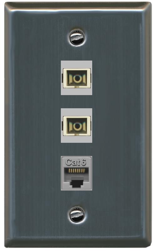 RiteAV 2 Port SC Multimode Simplex 1 Cat6 Jack Wall Plate - Flat [Stainless Steel]