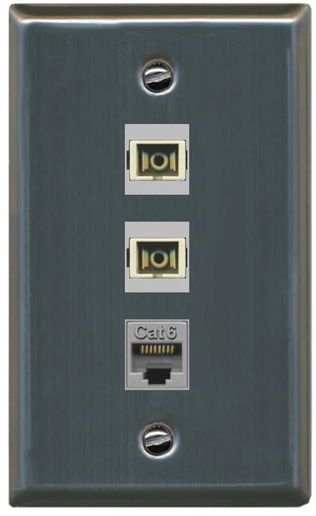 RiteAV 2 Port SC Multimode Simplex 1 Cat6 Jack Wall Plate - Flat [Stainless Steel]