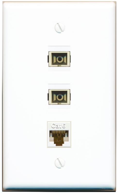 RiteAV 2 Port SC Multimode Simplex 1 Cat6 Jack Wall Plate - Flat [White]
