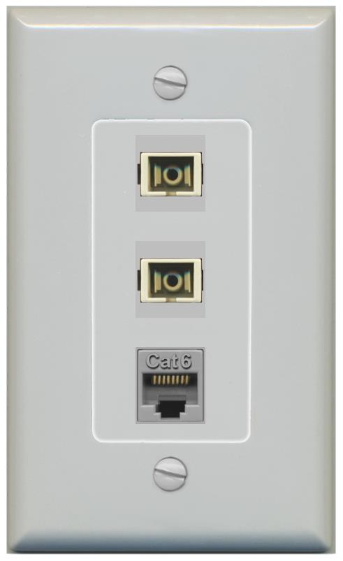 RiteAV 2 Port SC Multimode Simplex 1 Cat6 Jack Wall Plate - 1 Gang [Gray/Gray]