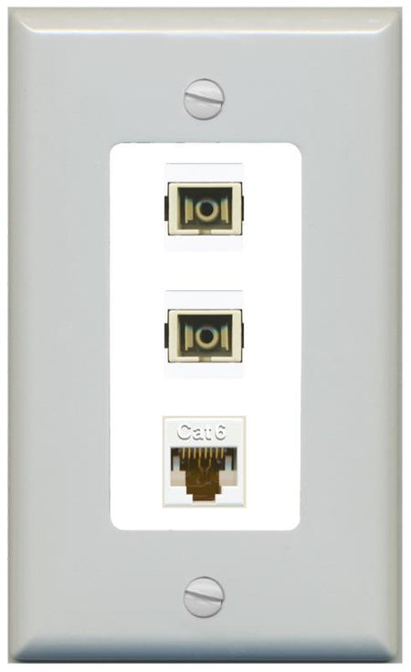 RiteAV 2 Port SC Multimode Simplex 1 Cat6 Jack Wall Plate - 1 Gang [Gray/White]