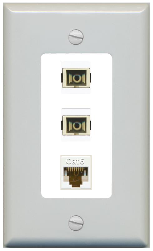 RiteAV 2 Port SC Multimode Simplex 1 Cat6 Jack Wall Plate - 1 Gang [Gray/White]