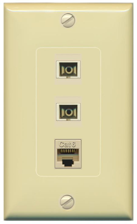 RiteAV 2 Port SC Multimode Simplex 1 Cat6 Jack Wall Plate - 1 Gang [Ivory/Ivory]