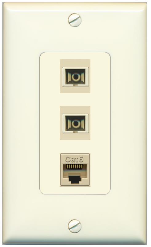 RiteAV 2 Port SC Multimode Simplex 1 Cat6 Jack Wall Plate - 1 Gang [Light-Almond]