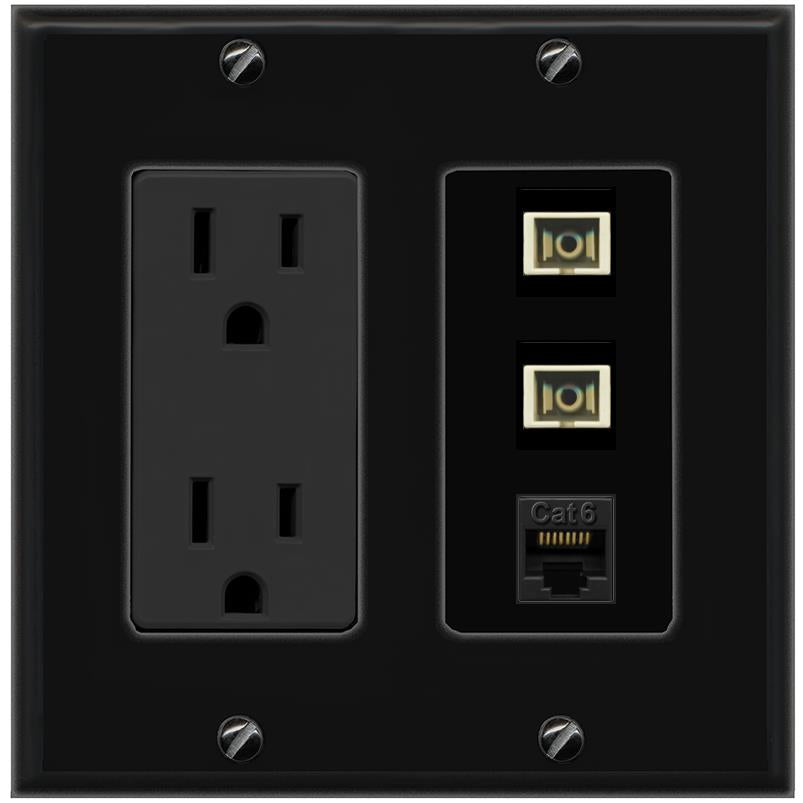 RiteAV 2 Port SC Multimode Simplex 1 Cat6 Jack Wall Plate - Outlet [Black/Black]