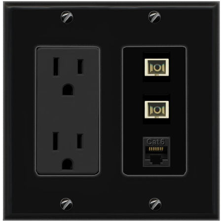 RiteAV 2 Port SC Multimode Simplex 1 Cat6 Jack Wall Plate - Outlet [Black/Black]