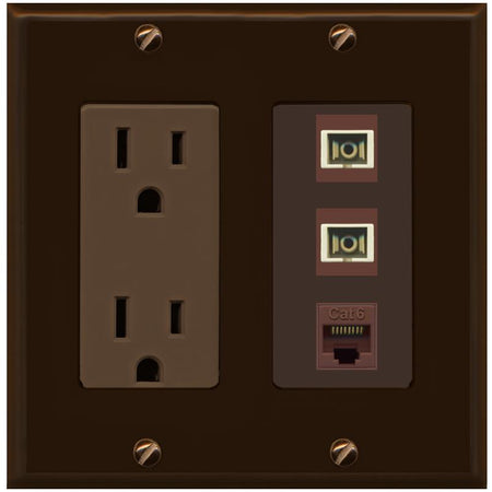 RiteAV 2 Port SC Multimode Simplex 1 Cat6 Jack Wall Plate - Outlet [Brown/Brown]