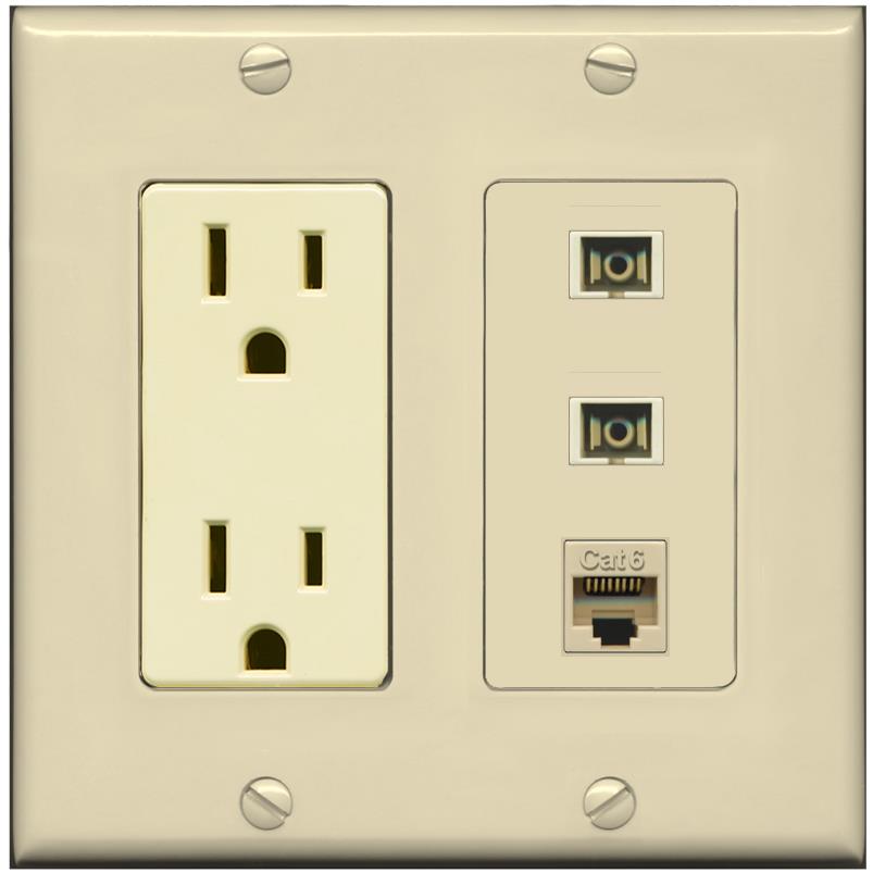 RiteAV 2 Port SC Multimode Simplex 1 Cat6 Jack Wall Plate - Outlet [Ivory/Ivory]