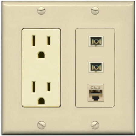RiteAV 2 Port SC Multimode Simplex 1 Cat6 Jack Wall Plate - Outlet [Ivory/Ivory]