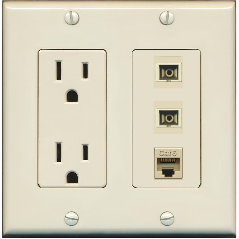 RiteAV 2 Port SC Multimode Simplex 1 Cat6 Jack Wall Plate - Outlet [Light-Almond]