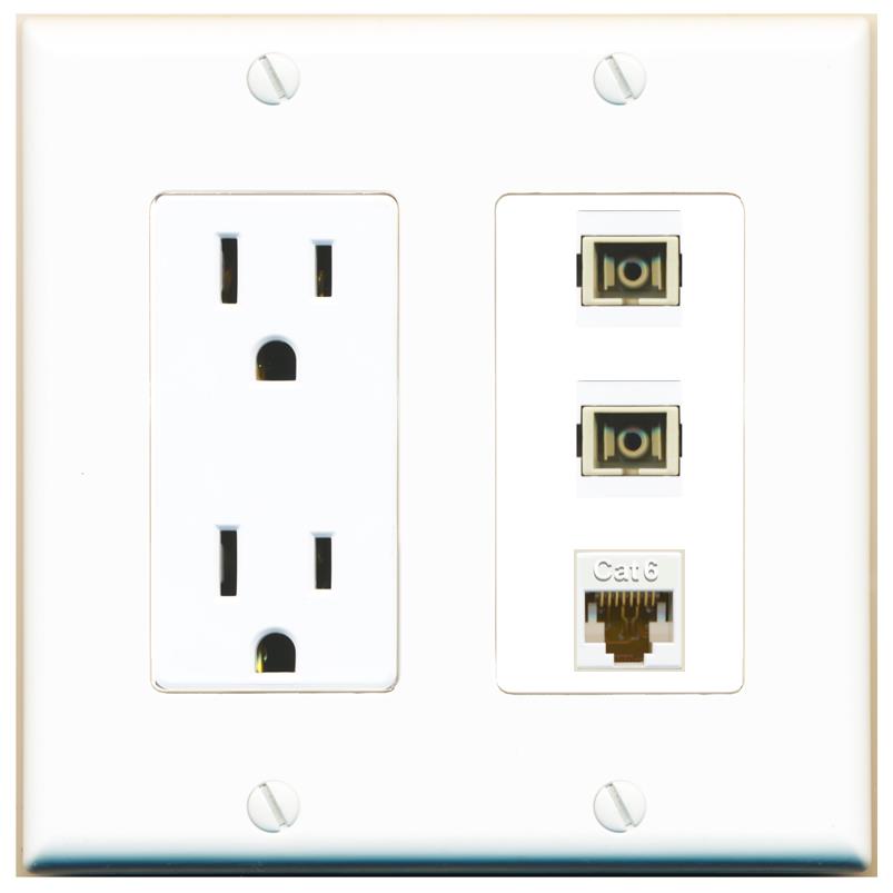 RiteAV 2 Port SC Multimode Simplex 1 Cat6 Jack Wall Plate - Outlet [White]