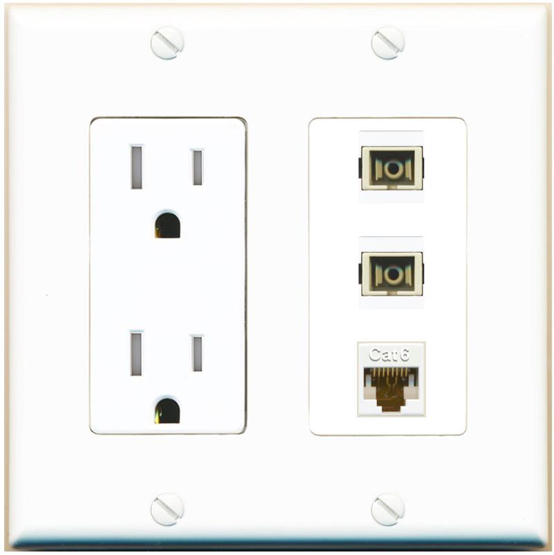 RiteAV 2 Port SC Multimode Simplex 1 Cat6 Jack Wall Plate - Tamper-Res [White]