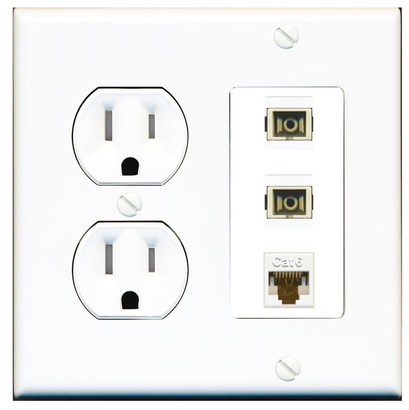 RiteAV 2 Port SC Multimode Simplex 1 Cat6 Jack Wall Plate - Tamper Proof [White]