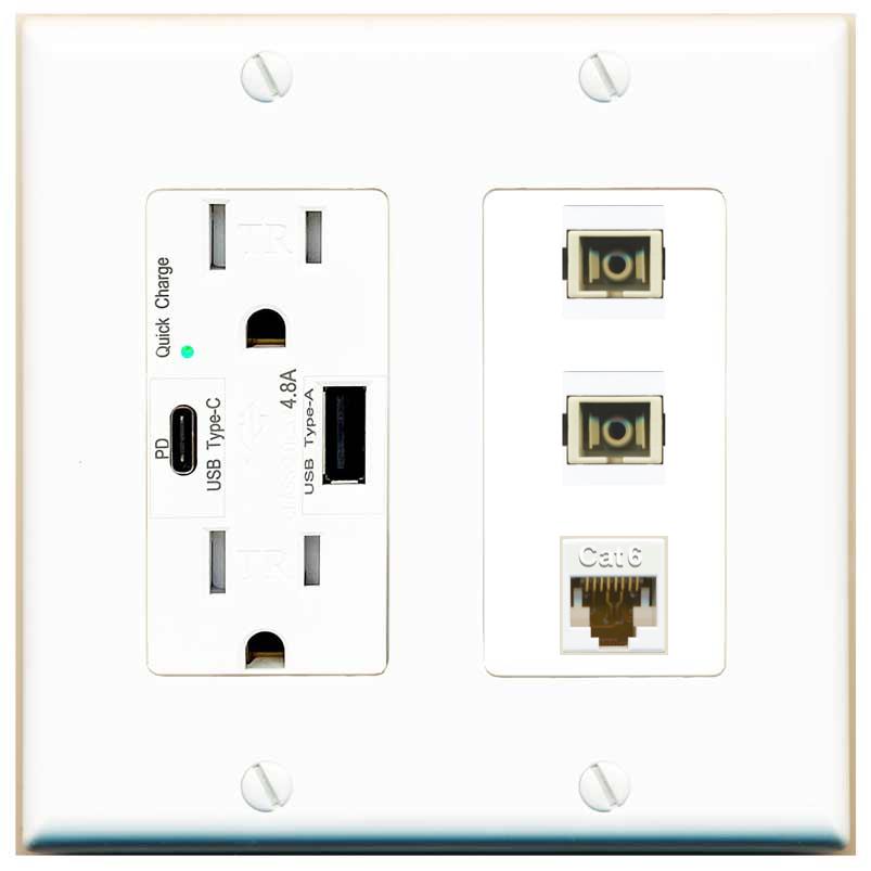 RiteAV 2 Port SC Multimode Simplex 1 Cat6 Jack Wall Plate - USB AC Charger [White]