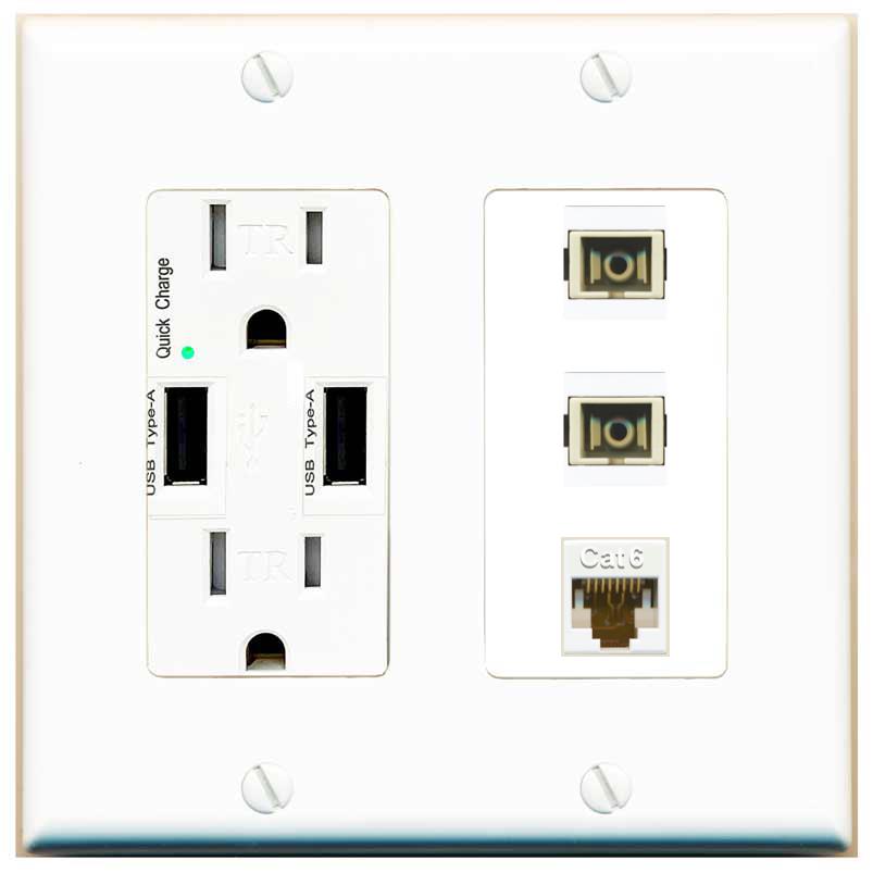 RiteAV 2 Port SC Multimode Simplex 1 Cat6 Jack Wall Plate - USB Charger [White]