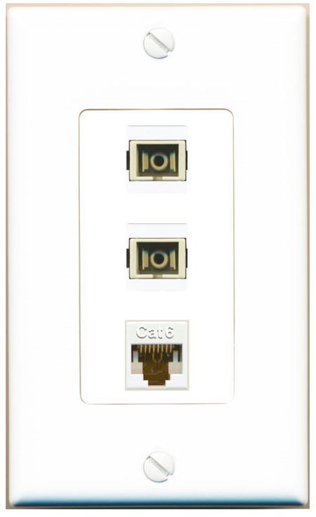 RiteAV 2 Port SC Multimode Simplex 1 Cat6 Jack Wall Plate - 1 Gang [White]