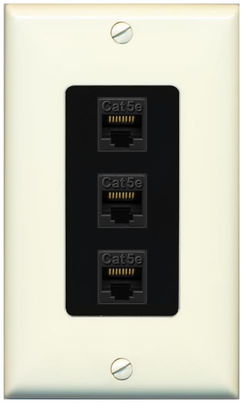 RiteAV 1 Gang Decorative 3 Port Cat5e Wall Plate - 1 Gang [Light-Almond/Black]