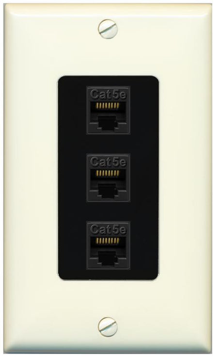 RiteAV 1 Gang Decorative 3 Port Cat5e Wall Plate - 1 Gang [Light-Almond/Black]