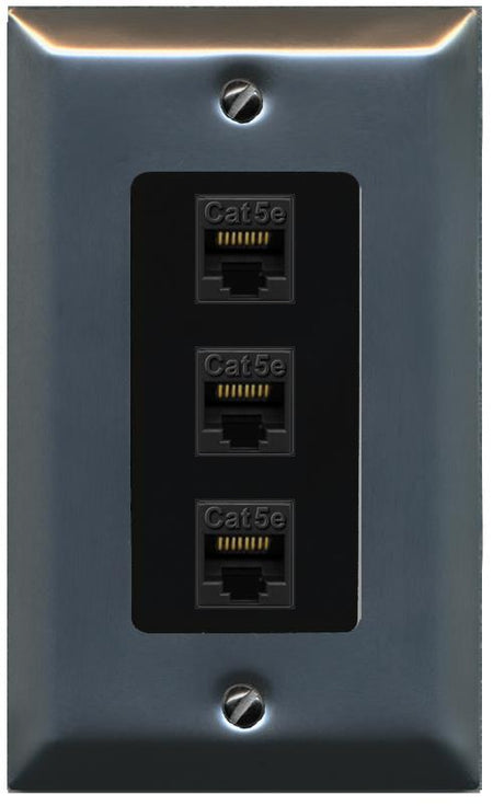 RiteAV 1 Gang Decorative 3 Port Cat5e Wall Plate - 1 Gang [Stainless/Black]