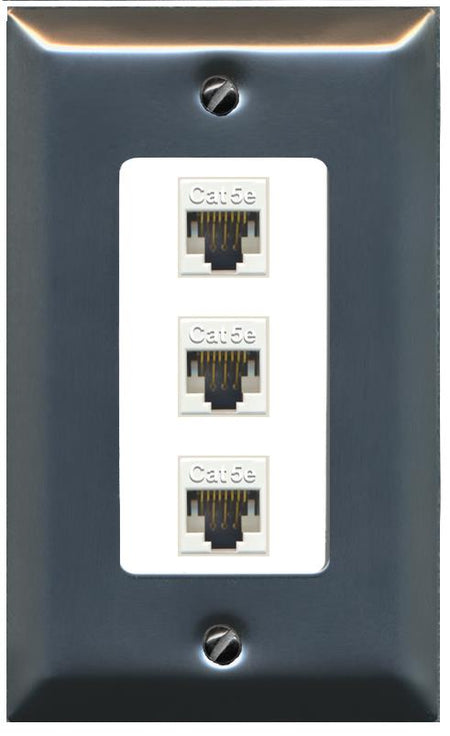 RiteAV 1 Gang Decorative 3 Port Cat5e Wall Plate - 1 Gang [Stainless/White]