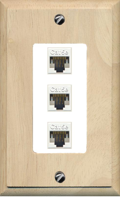 RiteAV 1 Gang Decorative 3 Port Cat5e Wall Plate - 1 Gang [Wood/White]
