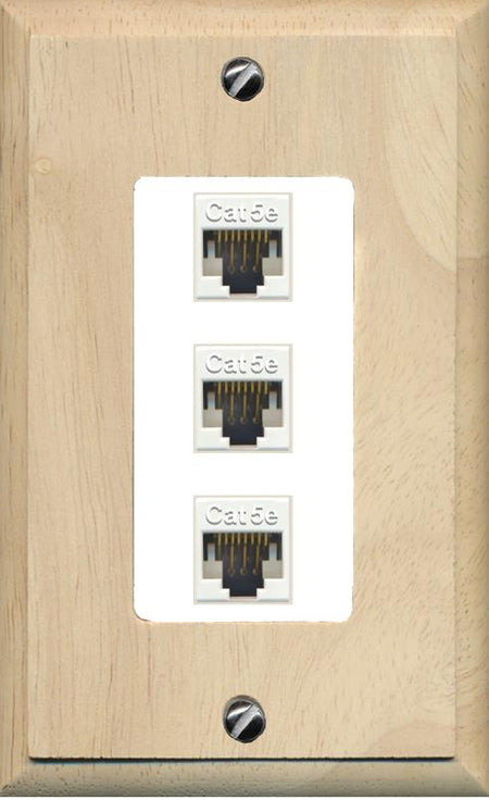 RiteAV 1 Gang Decorative 3 Port Cat5e Wall Plate - 1 Gang [Wood/White]