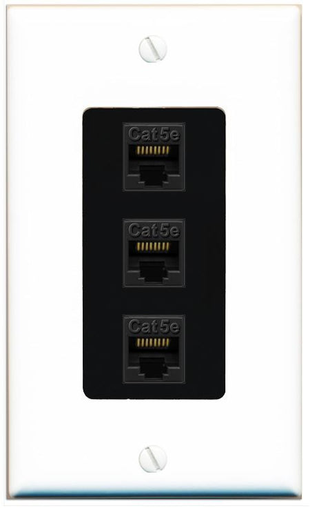 RiteAV 1 Gang Decorative 3 Port Cat5e Wall Plate - 1 Gang [White/Black]