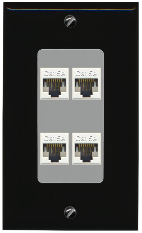 RiteAV 1 Gang Decorative 4 Port Cat5e Wall Plate - 1 Gang [Black/Gray]