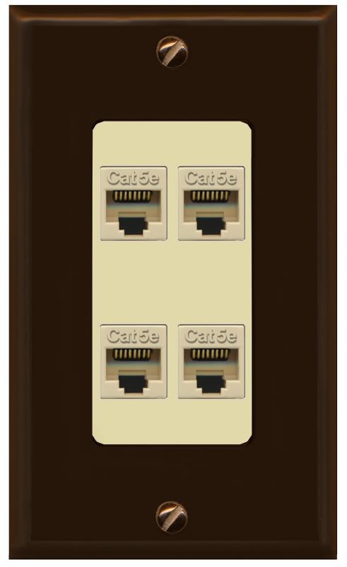 RiteAV 1 Gang Decorative 4 Port Cat5e Wall Plate - 1 Gang [Brown/Ivory]