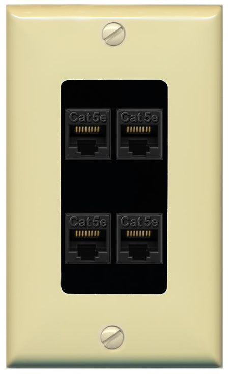 RiteAV 1 Gang Decorative 4 Port Cat5e Wall Plate - 1 Gang [Ivory/Black]