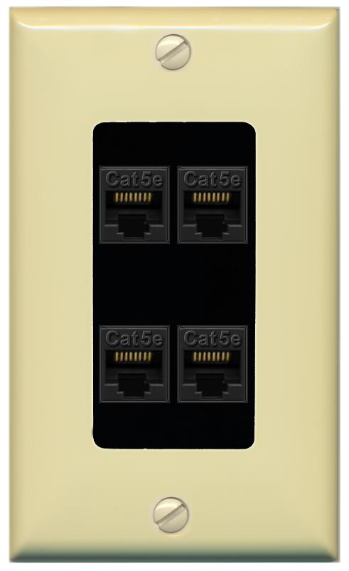 RiteAV 1 Gang Decorative 4 Port Cat5e Wall Plate - 1 Gang [Ivory/Black]
