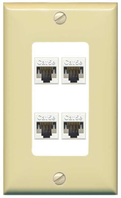 RiteAV 1 Gang Decorative 4 Port Cat5e Wall Plate - 1 Gang [Ivory/White]