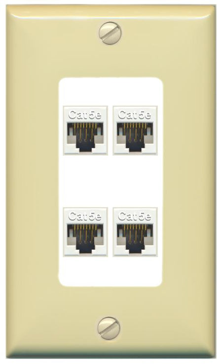 RiteAV 1 Gang Decorative 4 Port Cat5e Wall Plate - 1 Gang [Ivory/White]