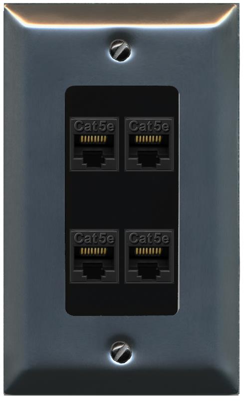 RiteAV 1 Gang Decorative 4 Port Cat5e Wall Plate - 1 Gang [Stainless/Black]
